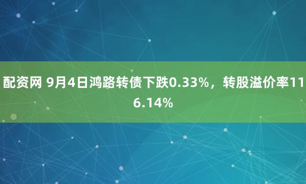 配资网 9月4日鸿路转债下跌0.33%，转股溢价率116.14%